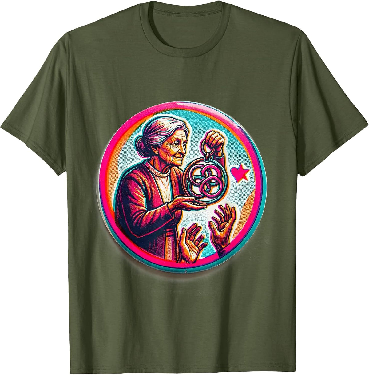 Men's Gigi Grandma Family Name Medallion Risograph Badge T-Shirt - Olive Green