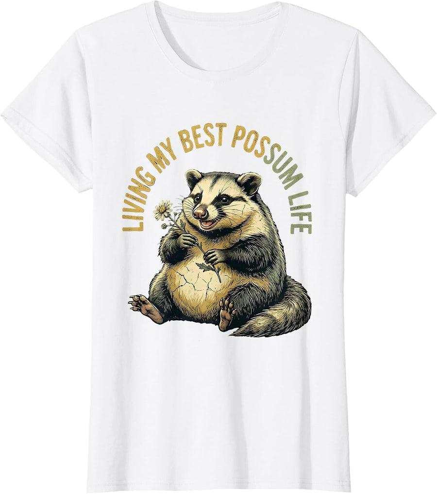 Women's Living My Best Possum Life Funny Opossum Design T-Shirt - White