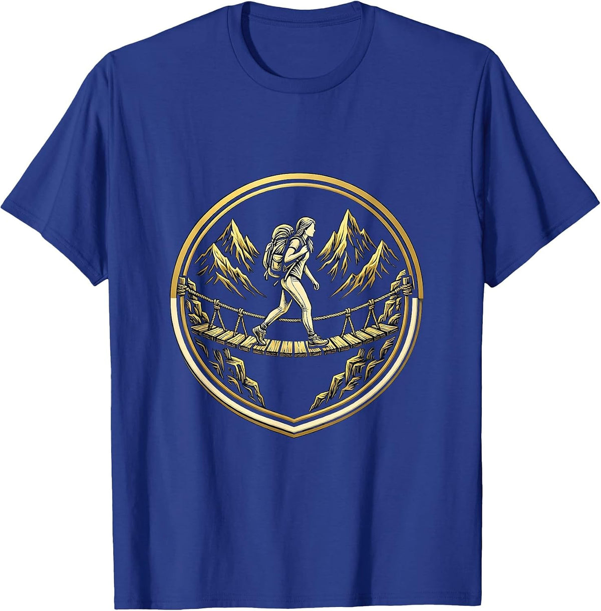 Adventure Hiker Rope Bridge Crossing Illustration T-Shirt - Royal Blue