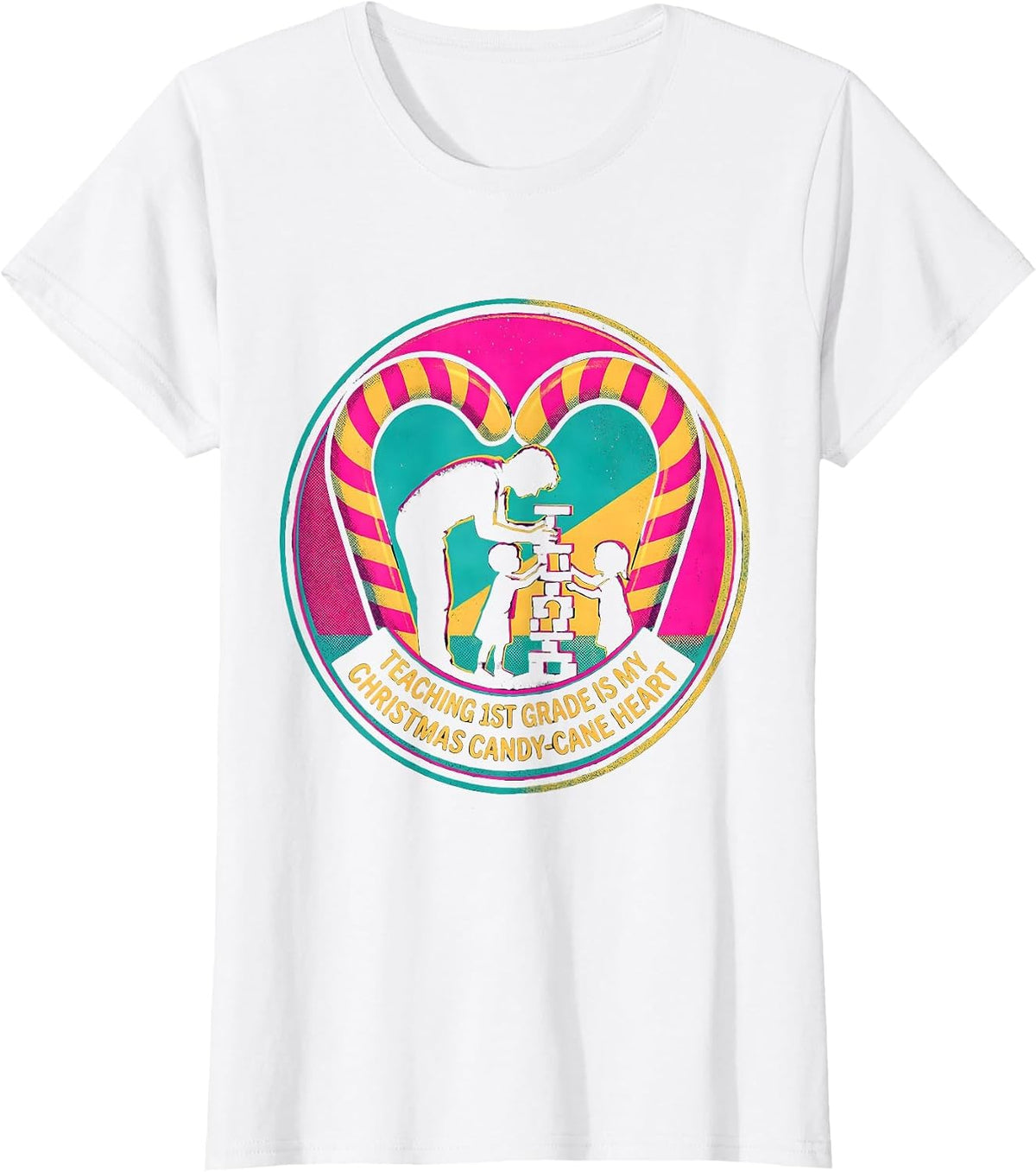 Teaching 1st Grade Is My Christmas Candy-Cane Heart Teacher T-Shirt - White