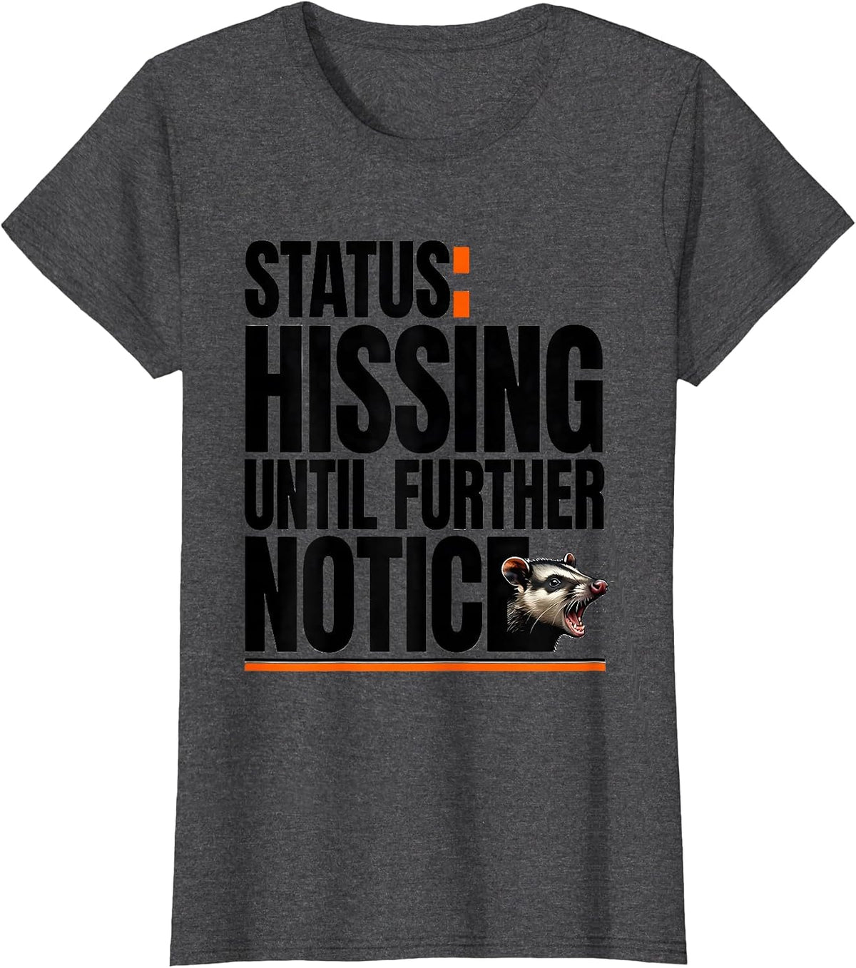 Women's STATUS: Hissing Until Further Notice Funny Opossum Meme T-Shirt - Dark Heather Grey