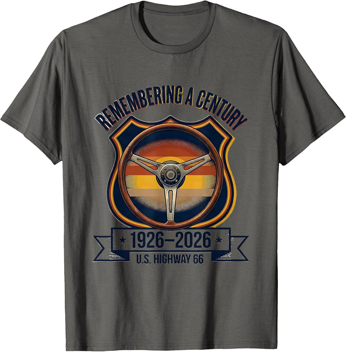 Remembering A Century U.S. Highway 66 1926-2026 T-Shirt - Asphalt Grey