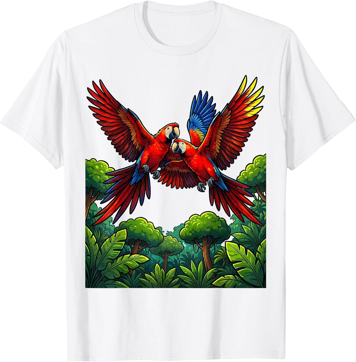 Men's Ecuador Macaw Pair Flying Over Jungle Canopy T-Shirt - White