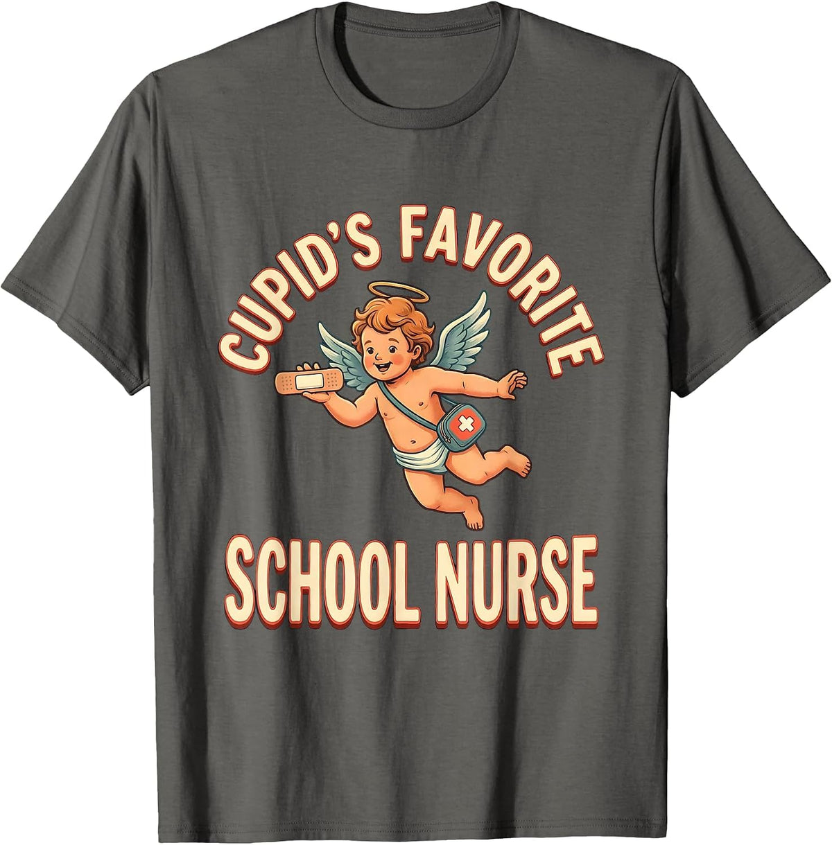 Cupid's Favorite School Nurse Retro Valentine Day Humor T-Shirt - Asphalt Grey