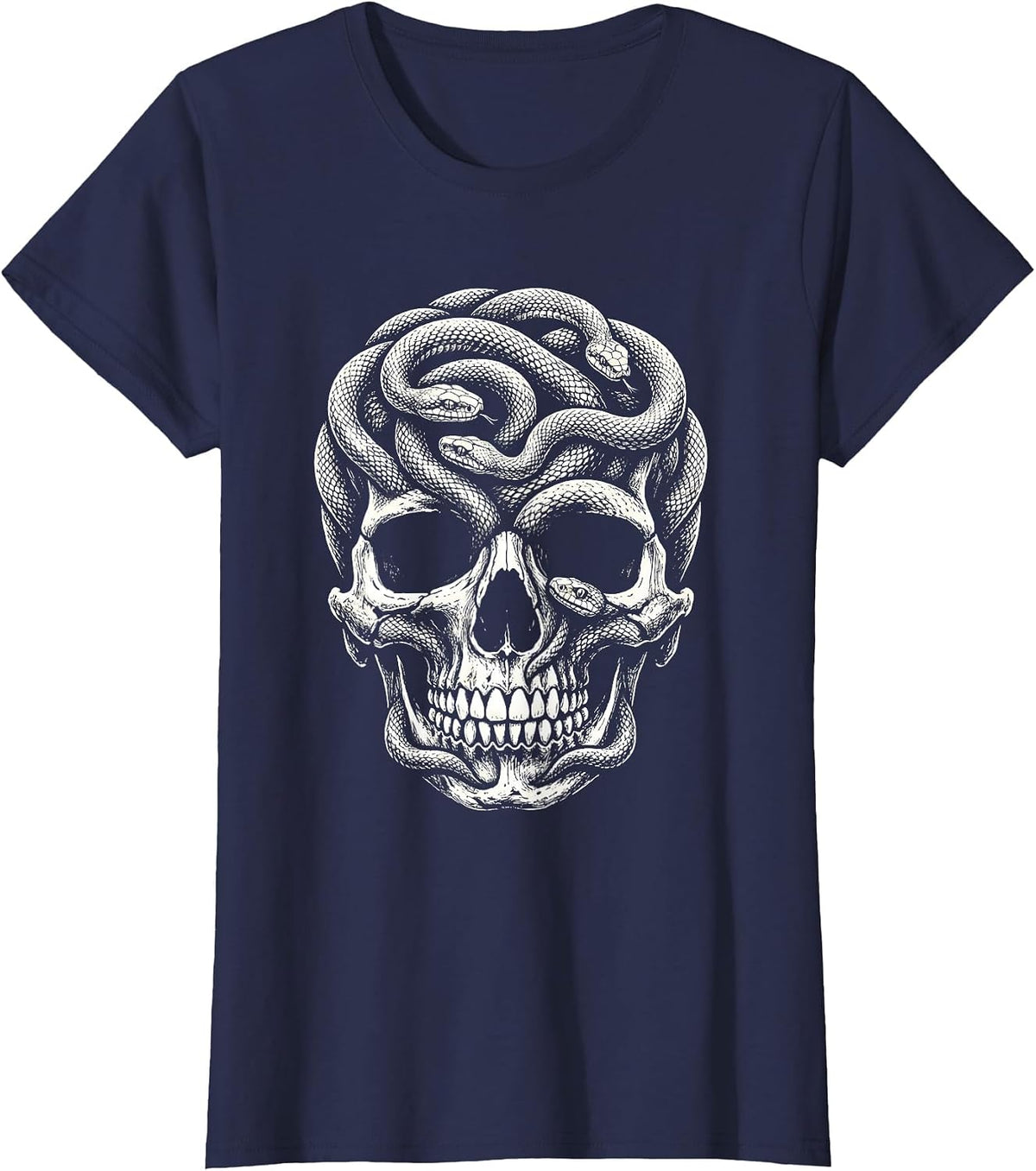 Women's Serpent Skull Intertwined Snake Gothic Art T-Shirt - Navy Blue