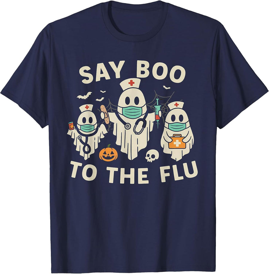 Nurse Halloween Ghost Crew Vaccine Say Boo to the flu T-Shirt - Navy Blue