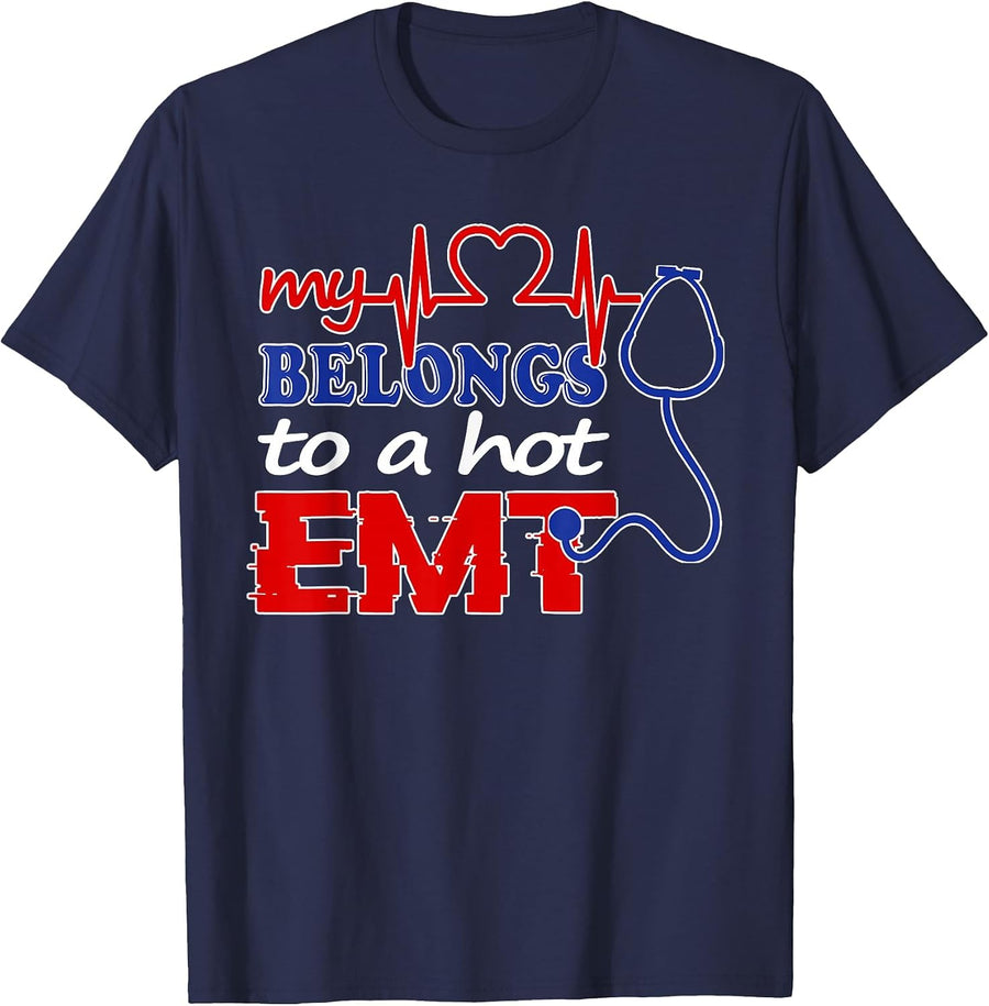My Heart Belongs to Hot EMT Shirt I Love My EMT Paramedic T-Shirt - Navy Blue