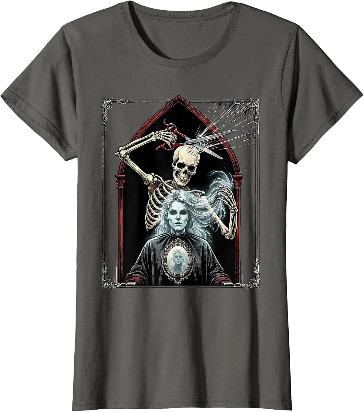 Women's Skeleton Hair Stylist Tarot Card Gothic Salon Comic T-Shirt - Asphalt Grey