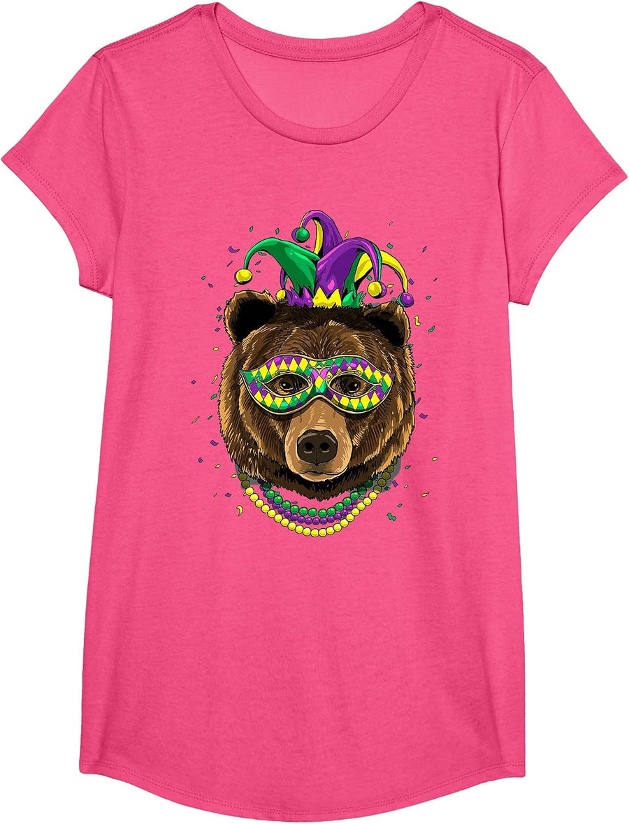 Bear Animal Lover Cute Mardi Gras Carnival Jester T-Shirt, Girls, Pink Heather, X-Small - As Pictured