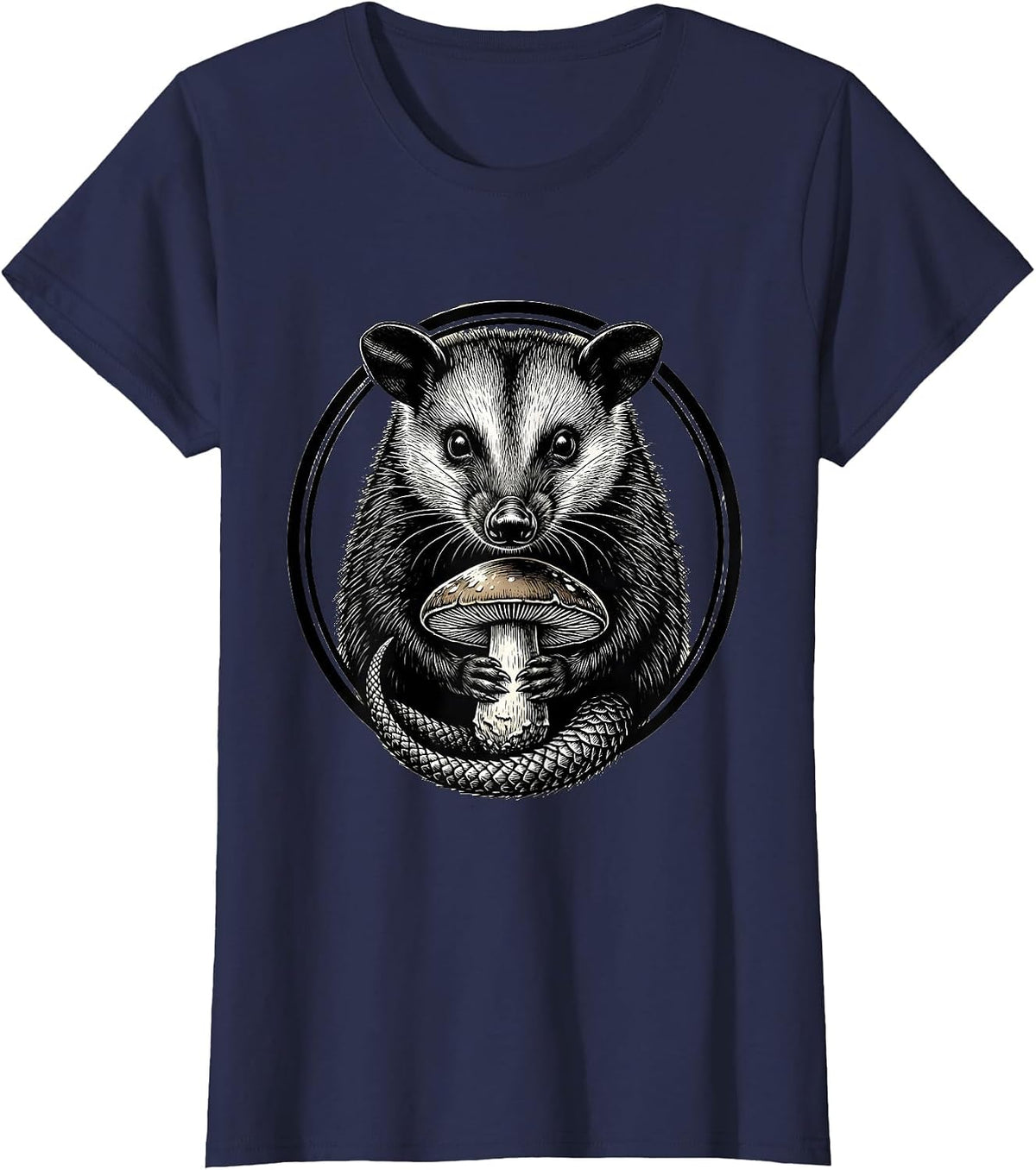 Women's Opossum Holding Mushroom Cute Wildlife Art T-Shirt - Navy Blue