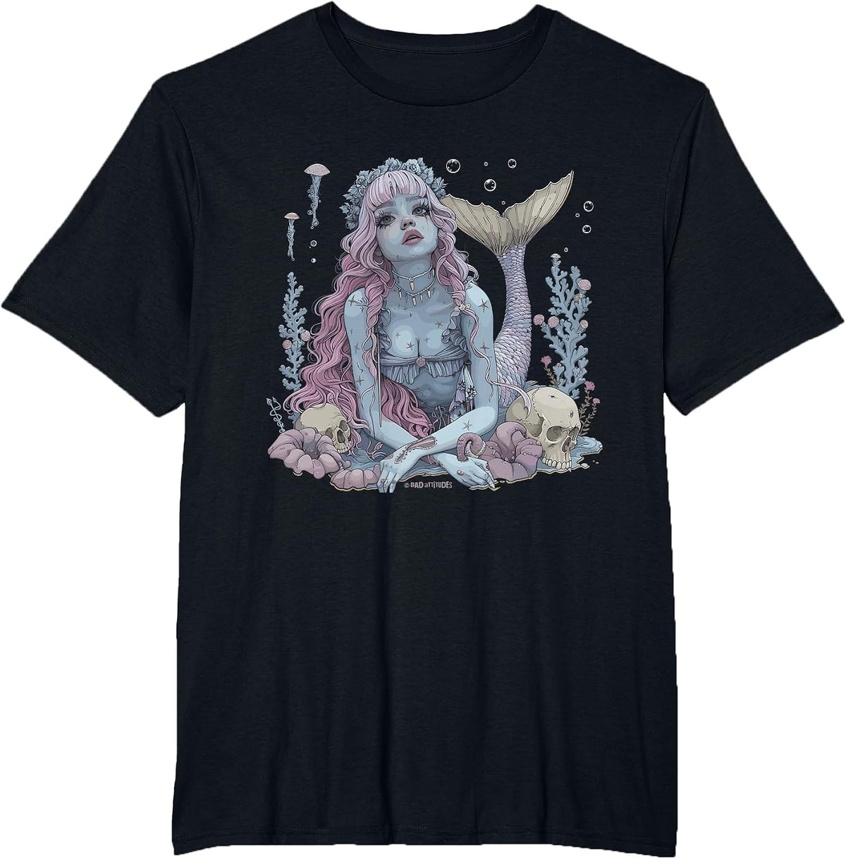 Dark Mermaid Art Gothic Mermaidcore Nautical Ocean Goth T-Shirt - Black