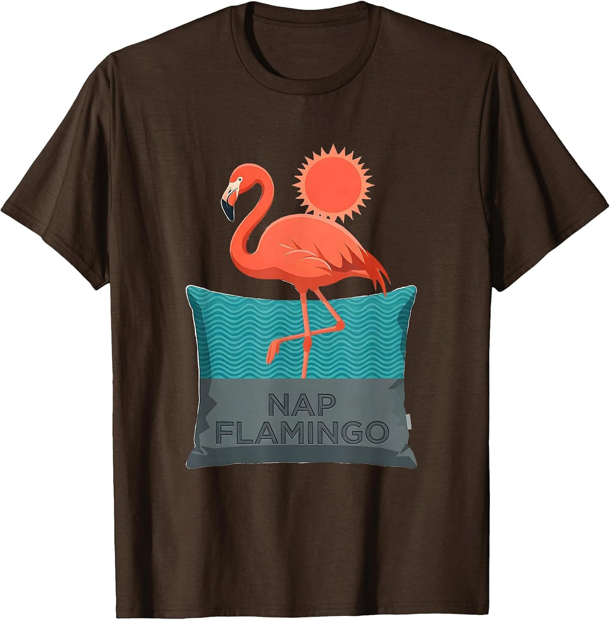 Nap Flamingo Flat Vector Japanese Pop Culture Animal Mashup T-Shirt - Brown