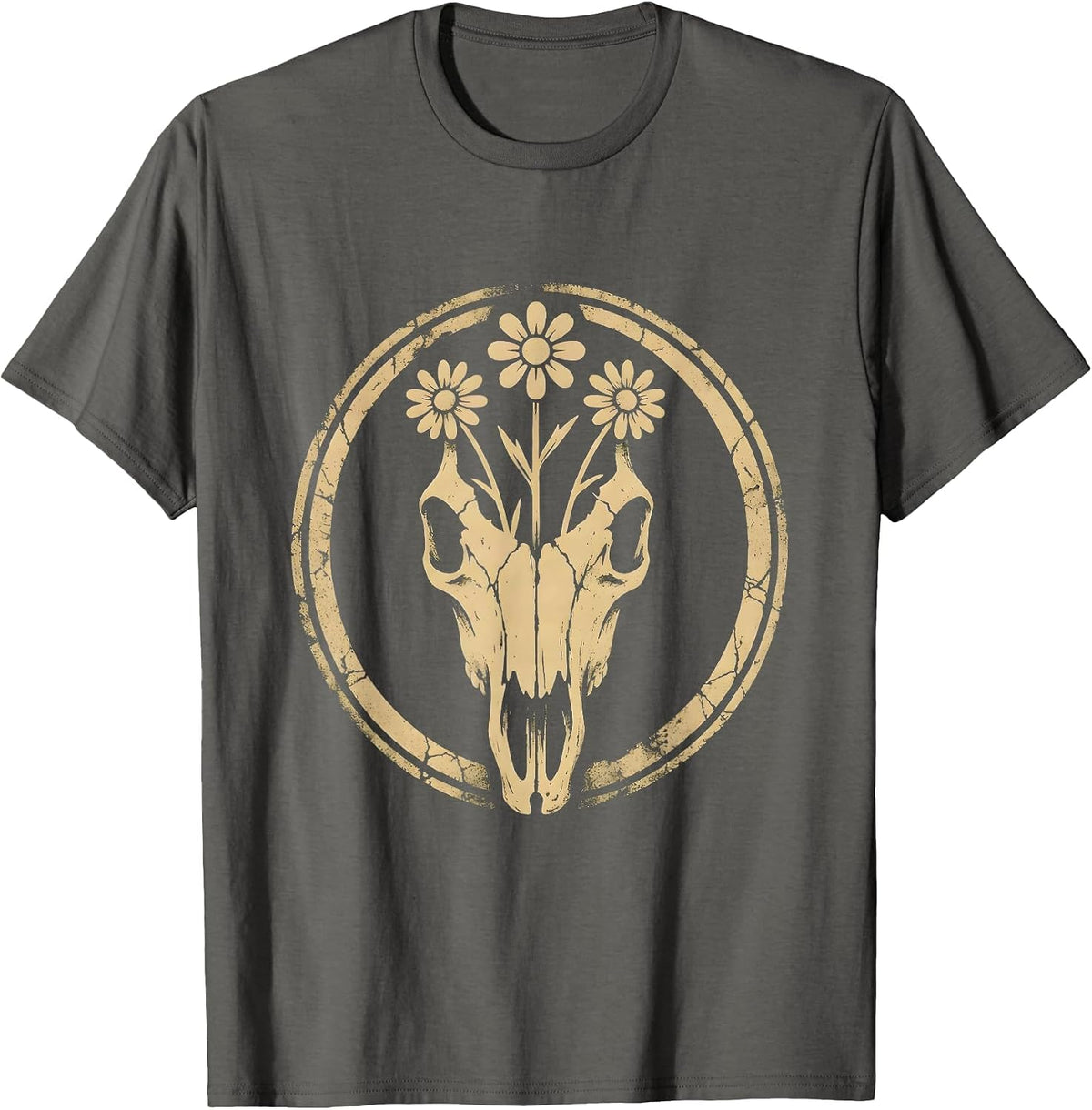 Men's Horse Skull Wildflowers Gothic Floral Art Design T-Shirt - Asphalt Grey