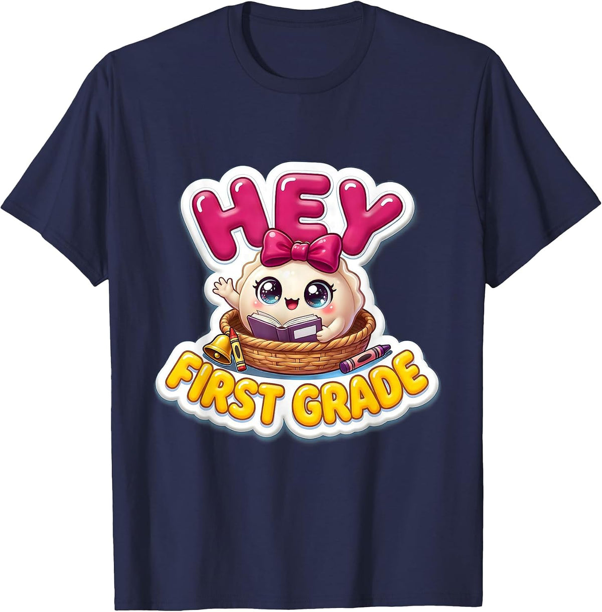 Men's Hey First Grade Cute Dumpling Back to School Girl Teacher T-Shirt - Navy Blue