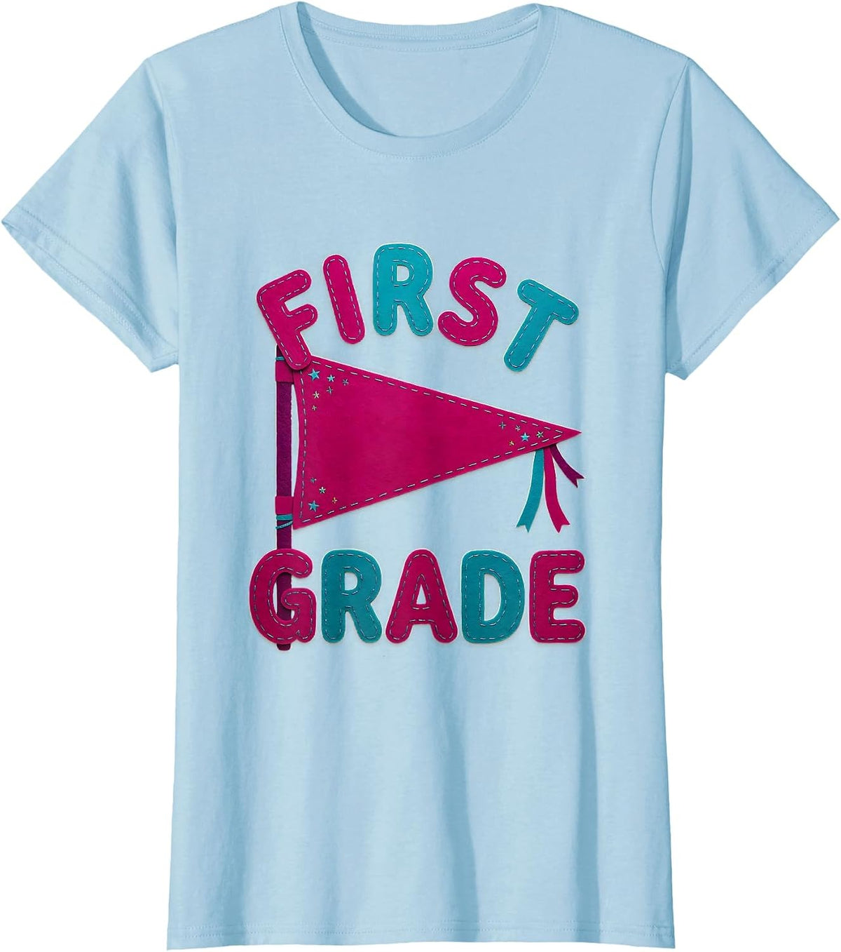 First Grade Cheerful Pennant Back To School Girl T-Shirt - Baby Blue