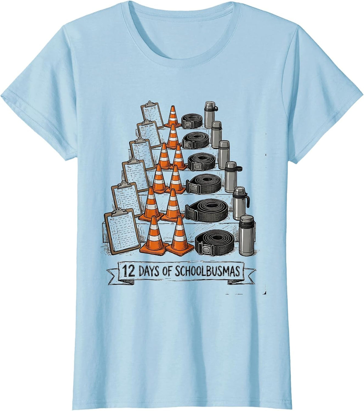 12 Days of Schoolbusmas Hand-Sketched School Bus Driver T-Shirt - Baby Blue