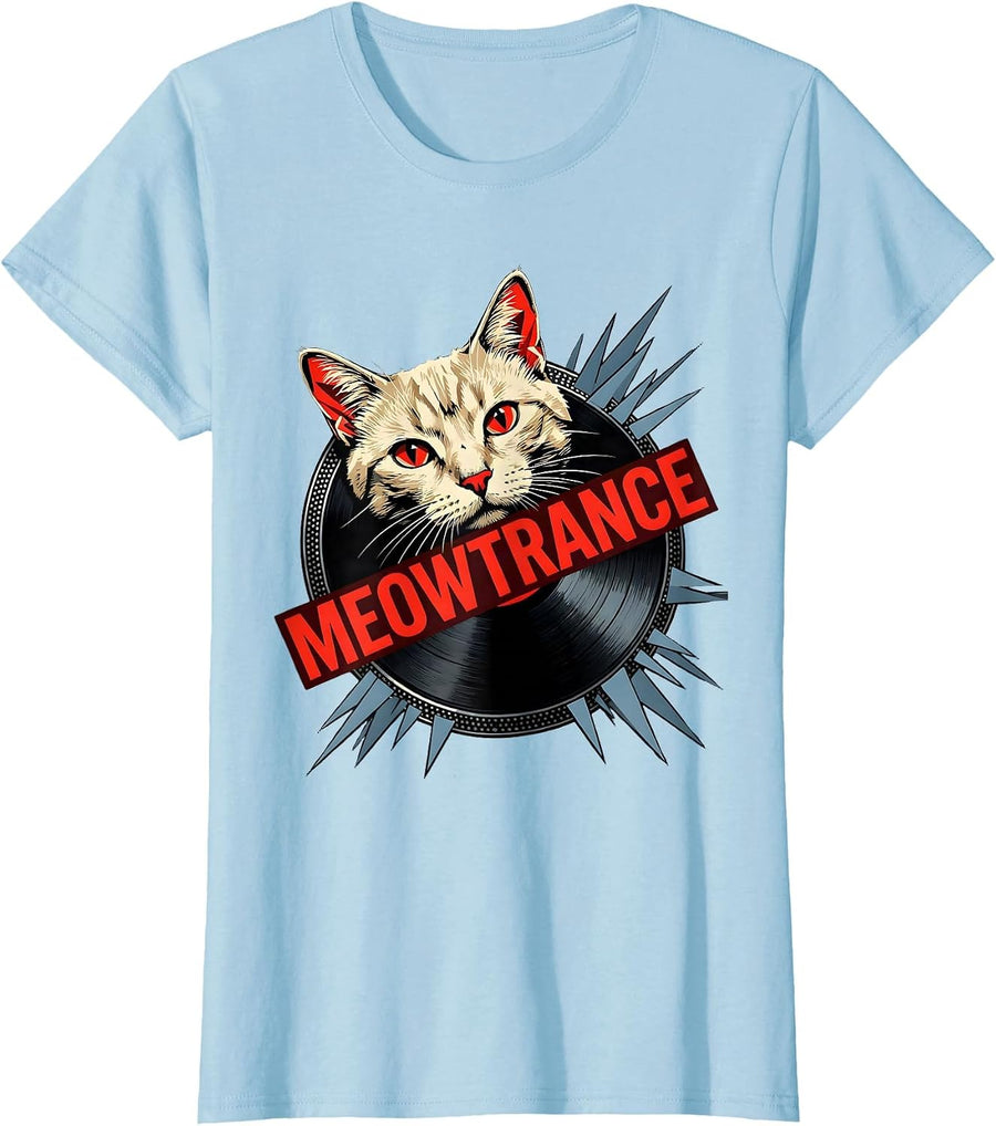 Women's Meowtrance Constructivist Cat DJ Punk Metal Rock Humor T-Shirt - Baby Blue