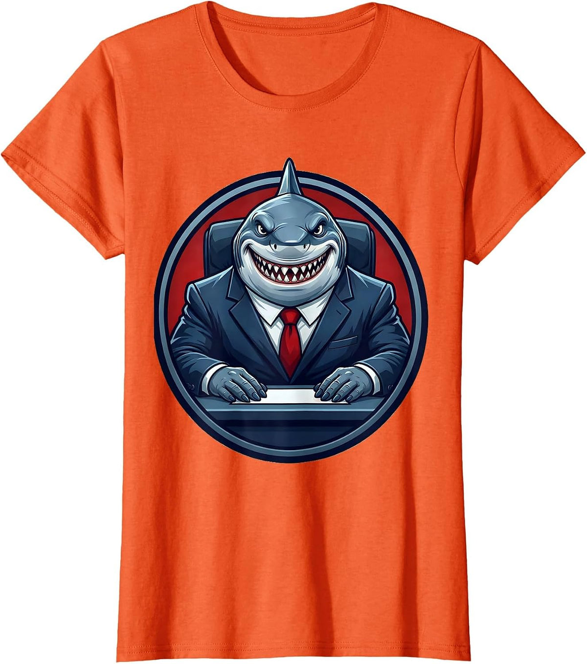 Shark in Business Suit Office Desk Funny Graphic T-Shirt - Orange