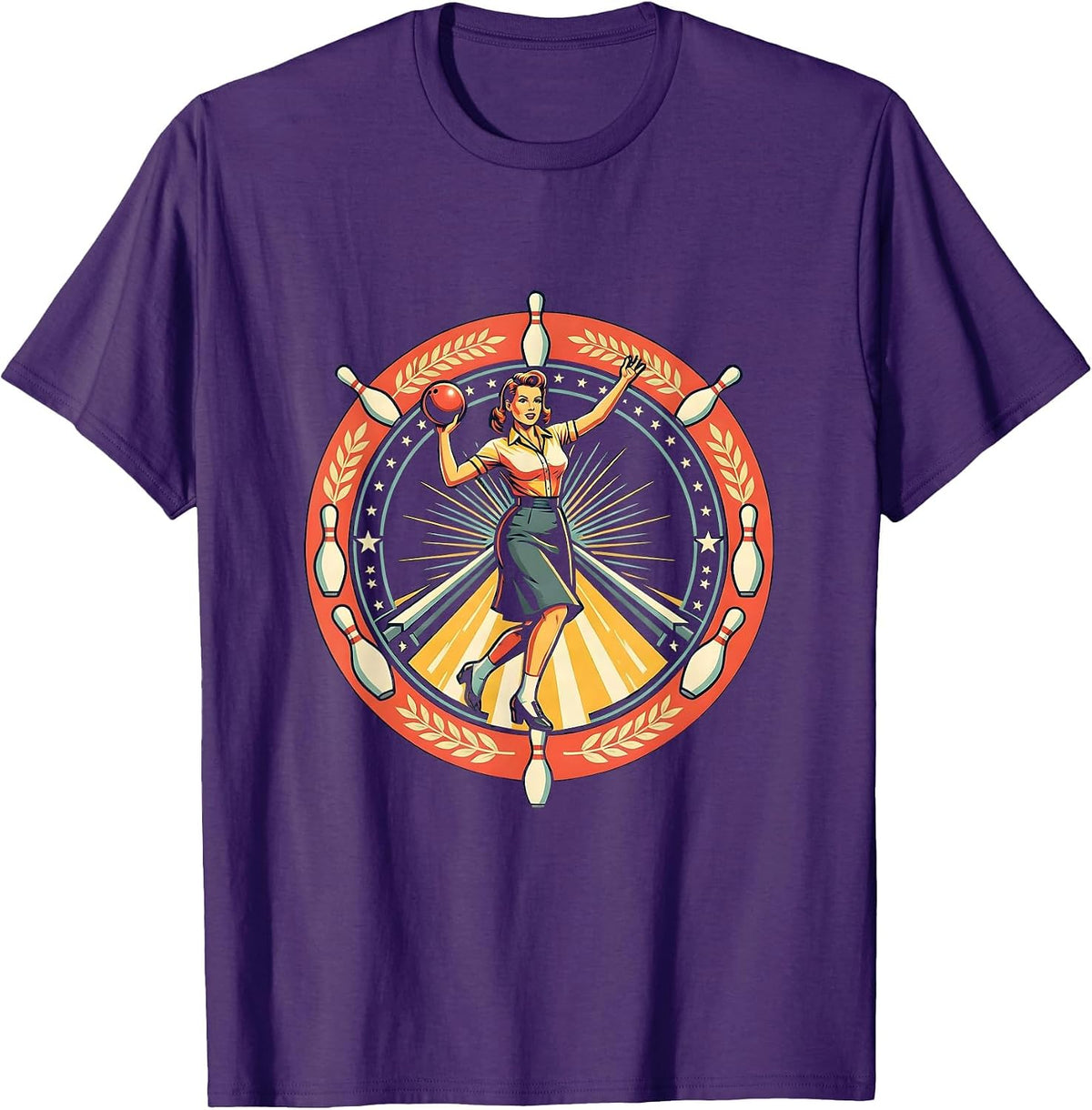 Vintage Pin-Up Bowler Retro Bowling Lane Art T-Shirt - Purple