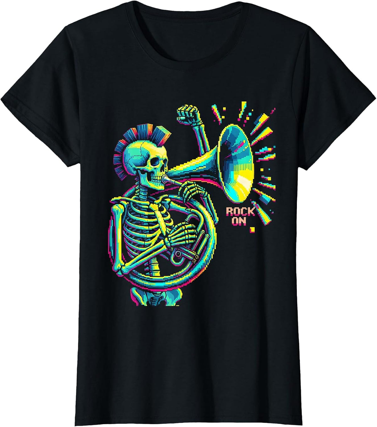 Rock On Punk Skeleton Skull Halloween Music Humor T-Shirt - Black