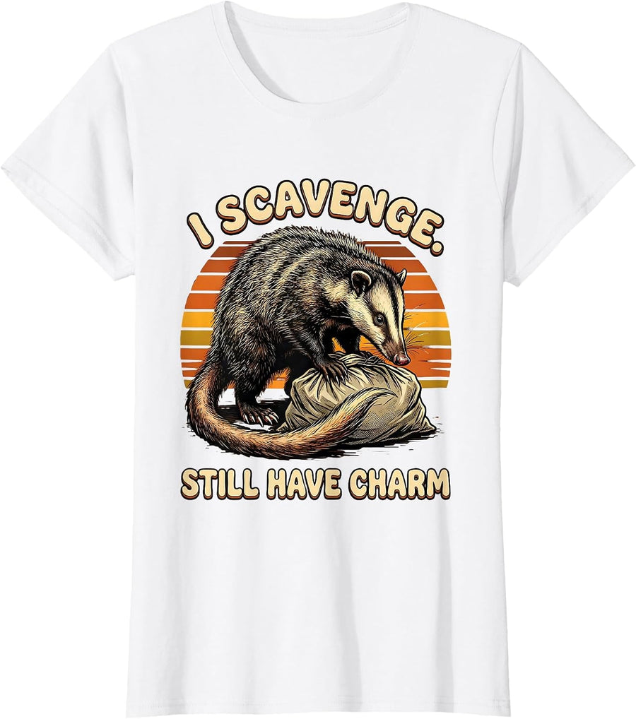 Women's I Scavenge, Still Have Charm Retro 70s Opossum Meme Humor T-Shirt - White