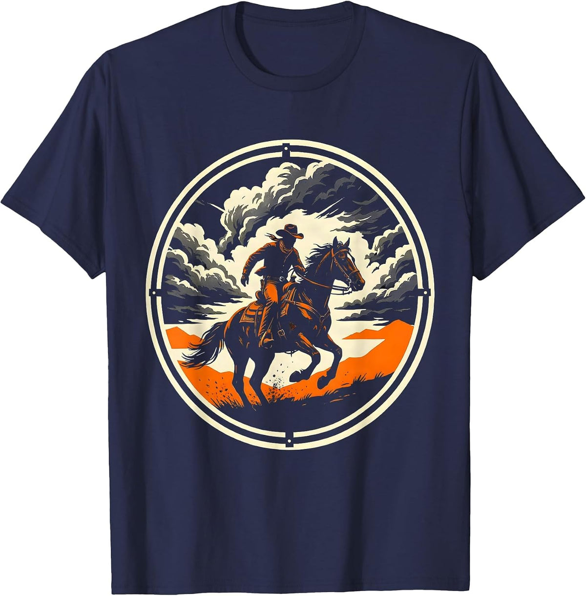 Cowboy Riding Into the Storm Graphic Tee T-Shirt - Navy Blue