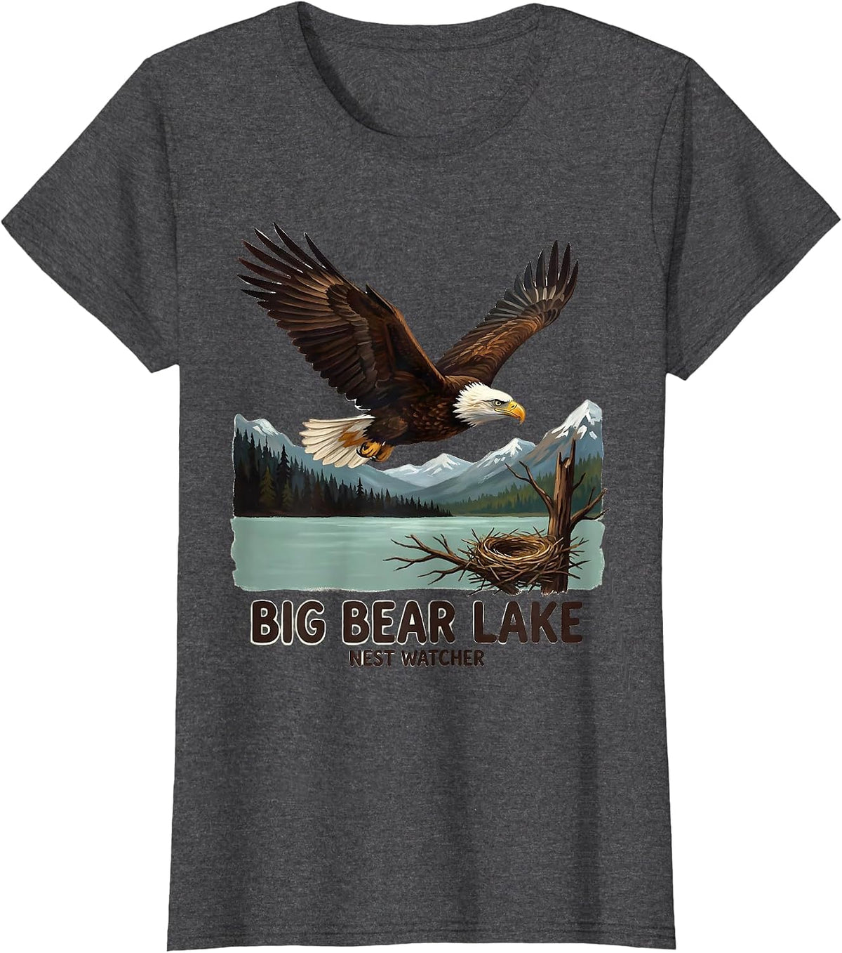 Women's Big Bear Lake Nest Watcher Vintage Eagle Memorial Wildlife T-Shirt - Dark Heather Grey