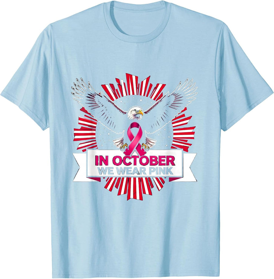 Men's In October We Wear Pink Patriotic Eagle Breast Cancer T-Shirt - Baby Blue