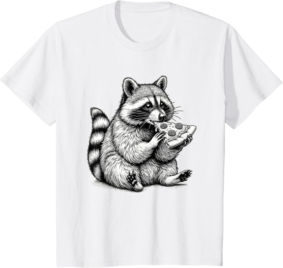 Raccoon Eating Pizza Slice Hand Drawn Art Cute Raccoon T-Shirt - White