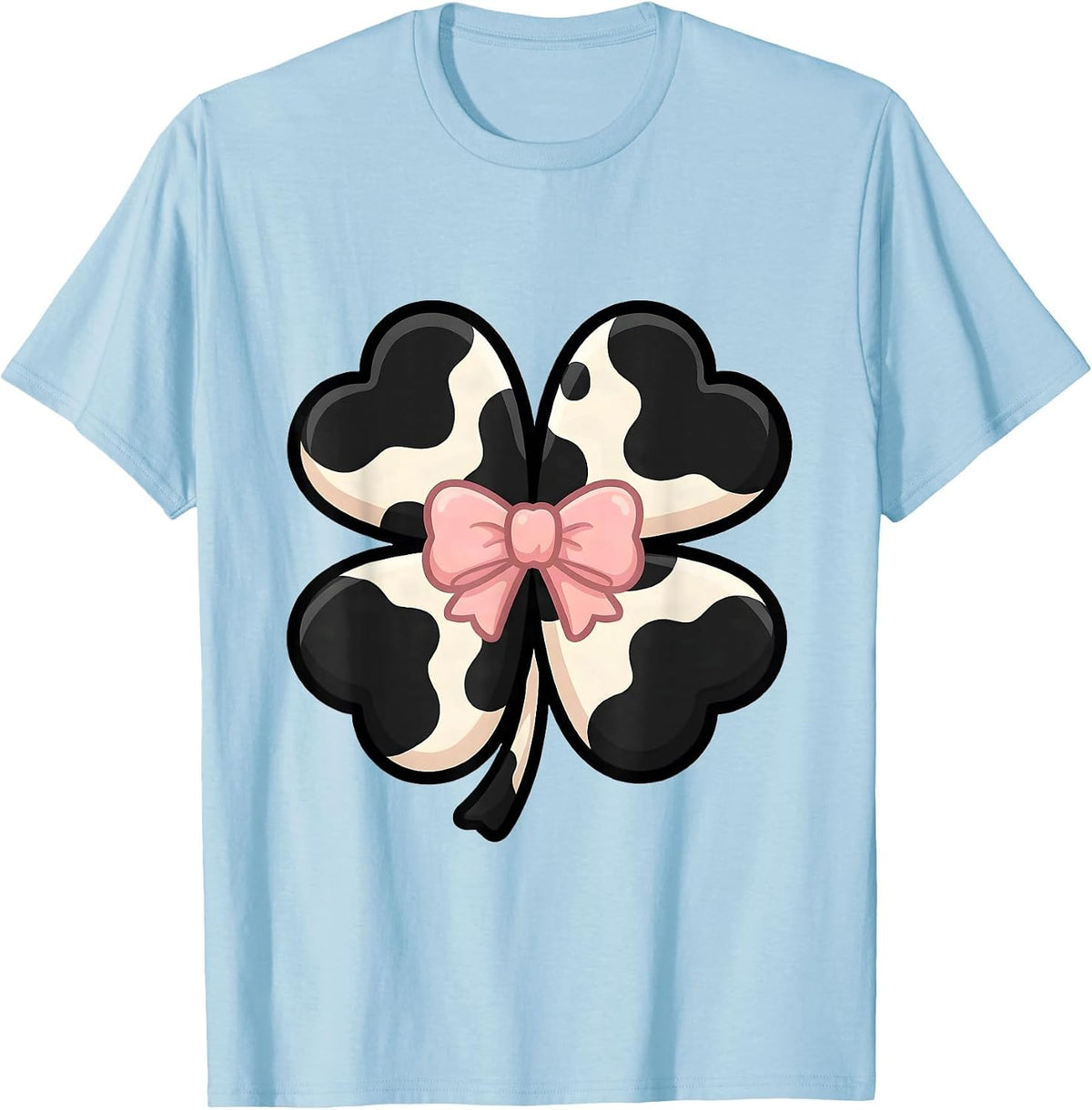 Men's Cute Kawaii Clover Cow-Print Bow Pattern for Cow Lovers T-Shirt - Baby Blue
