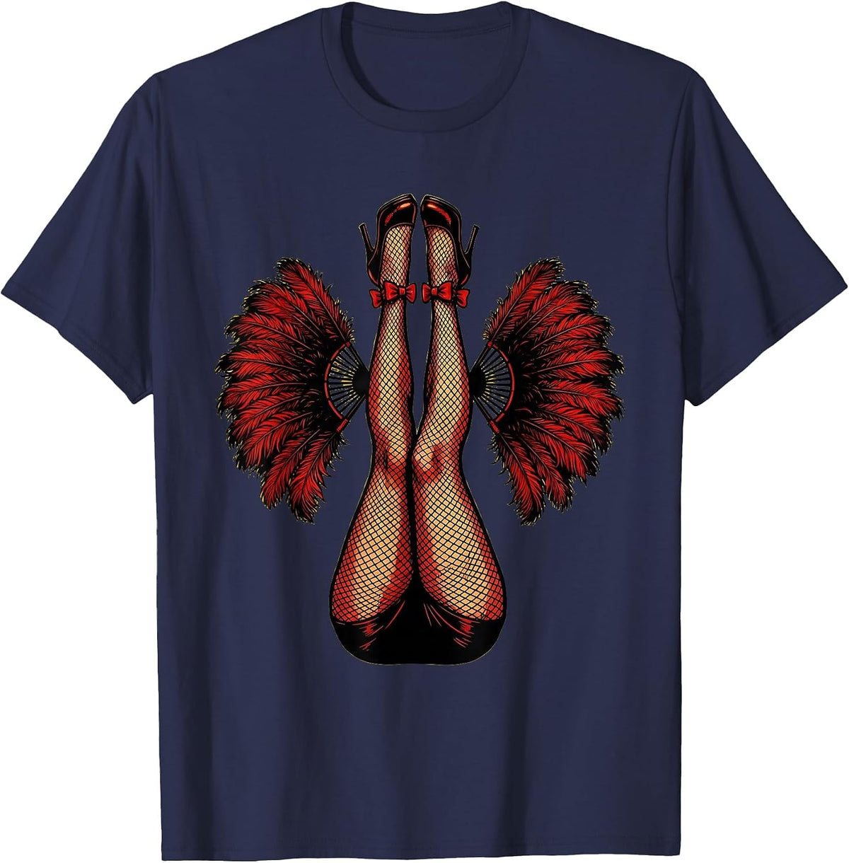 Showgirl Fishnet Legs Kicking High Graphic T-Shirt - Navy Blue