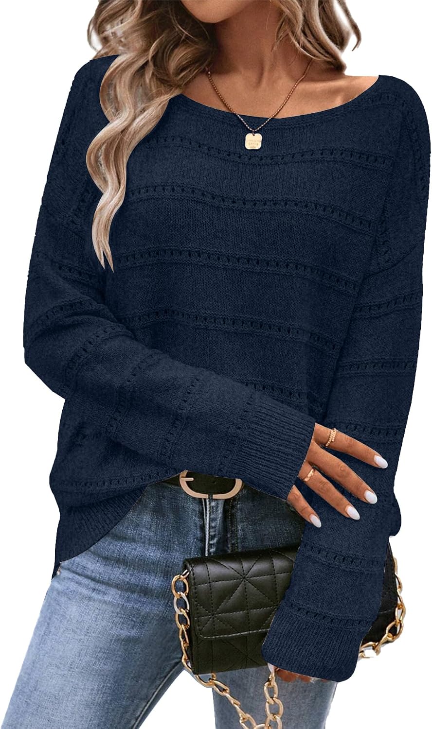 Women's Sweater Soft Boat Neck Long Sleeve Oversized Sweaters Crochet Pullover Knit Tops - Navy