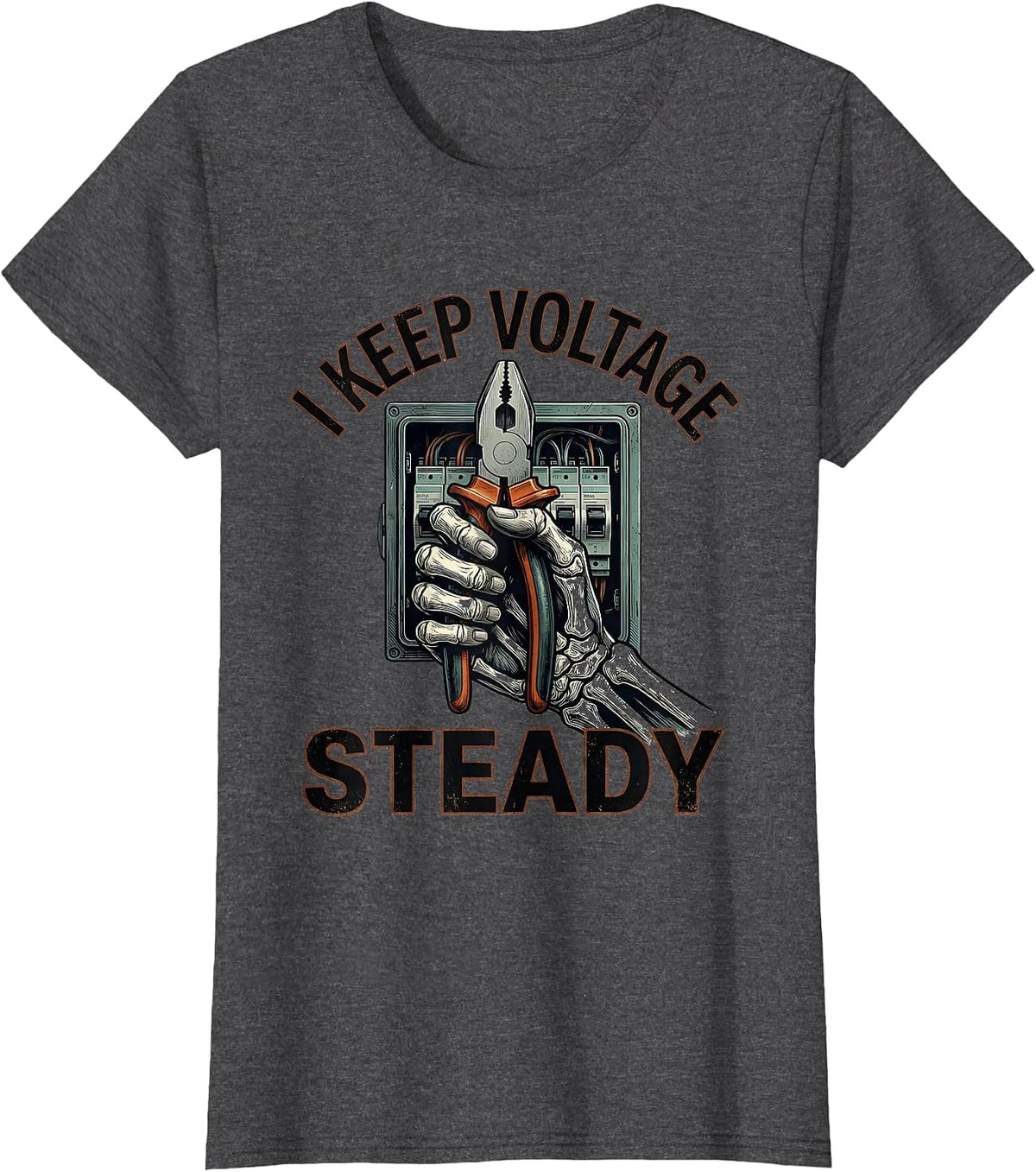 Women's I Keep Voltage Steady Funny Electrician Skeleton Humor T-Shirt - Dark Heather Grey