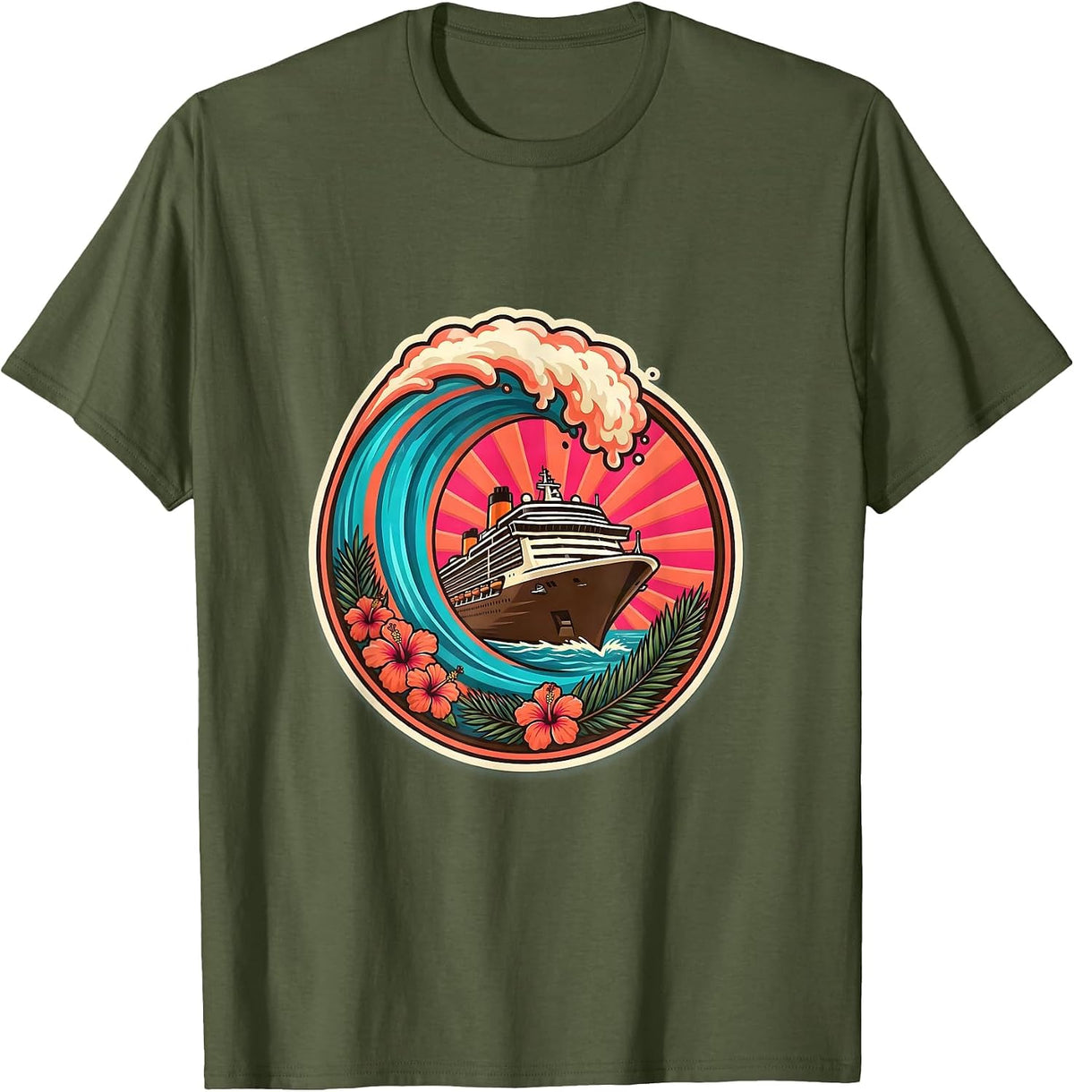 Men's Family Cruise Giant Wave Curling Ship Bow Graphic T-Shirt - Olive Green