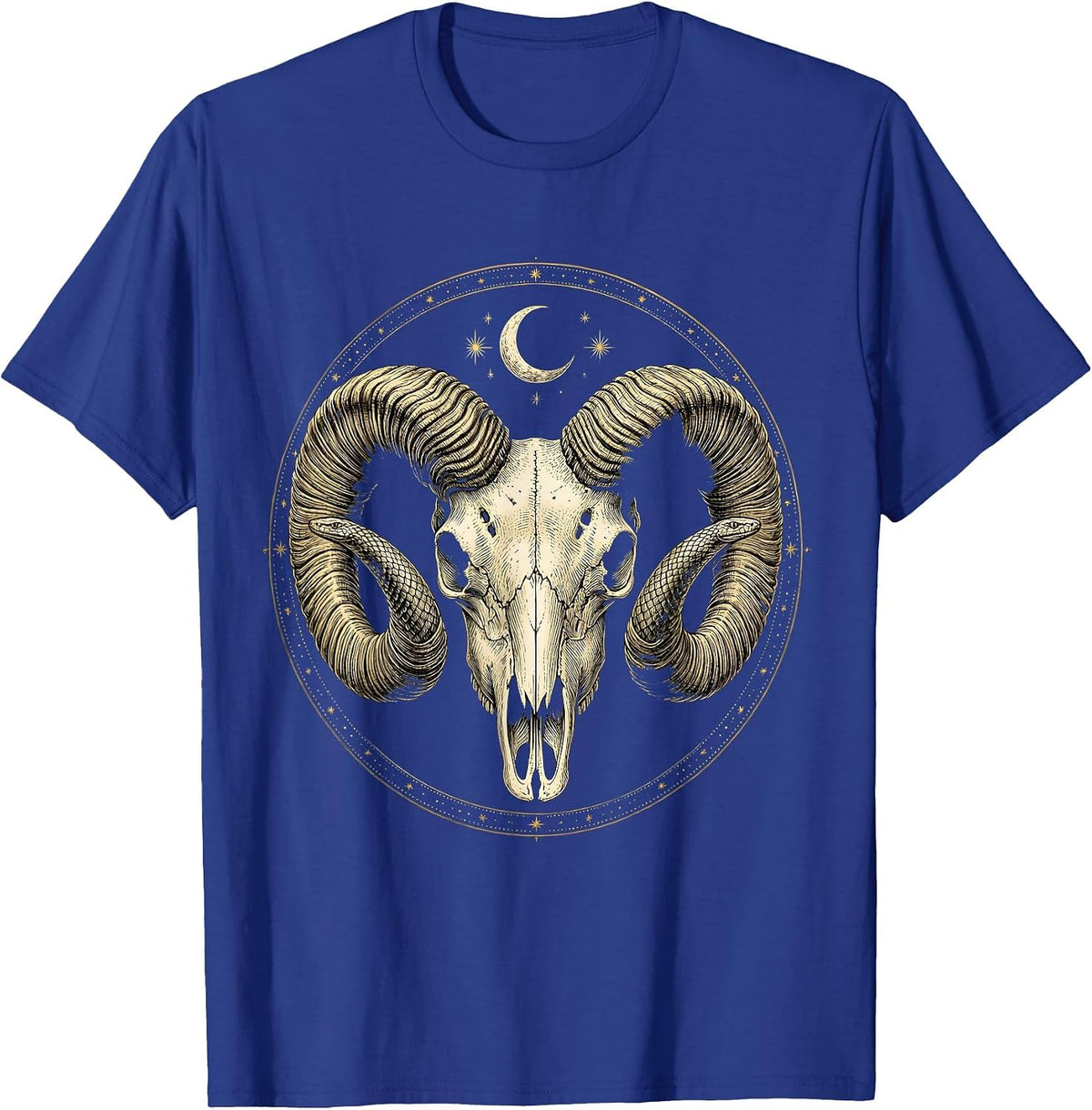 Massive Ram Skull Curling Horns Metal Graphic T-Shirt - Royal Blue