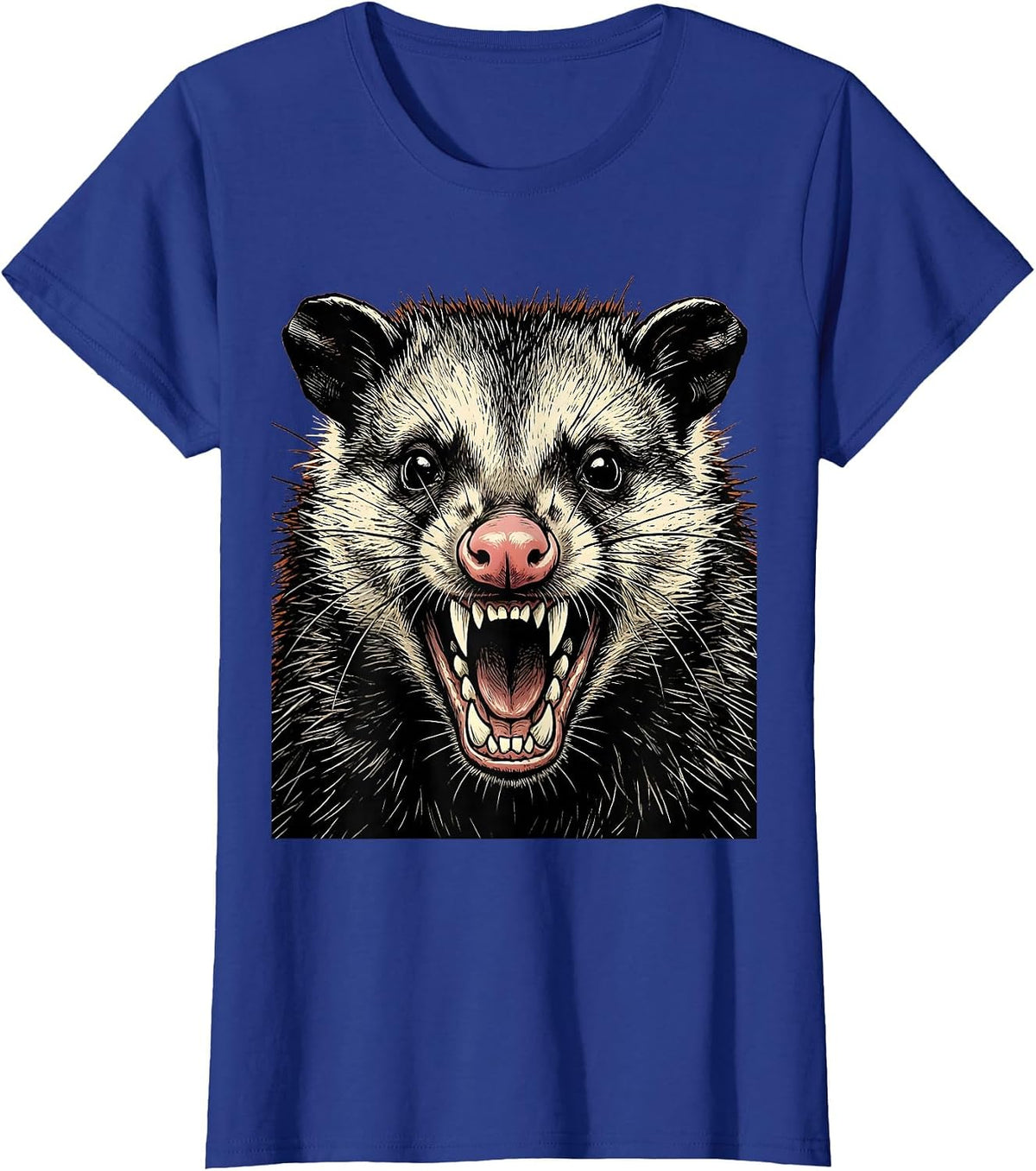 Women's Snarling Opossum Close-Up Wildlife Graphic T-Shirt - Royal Blue