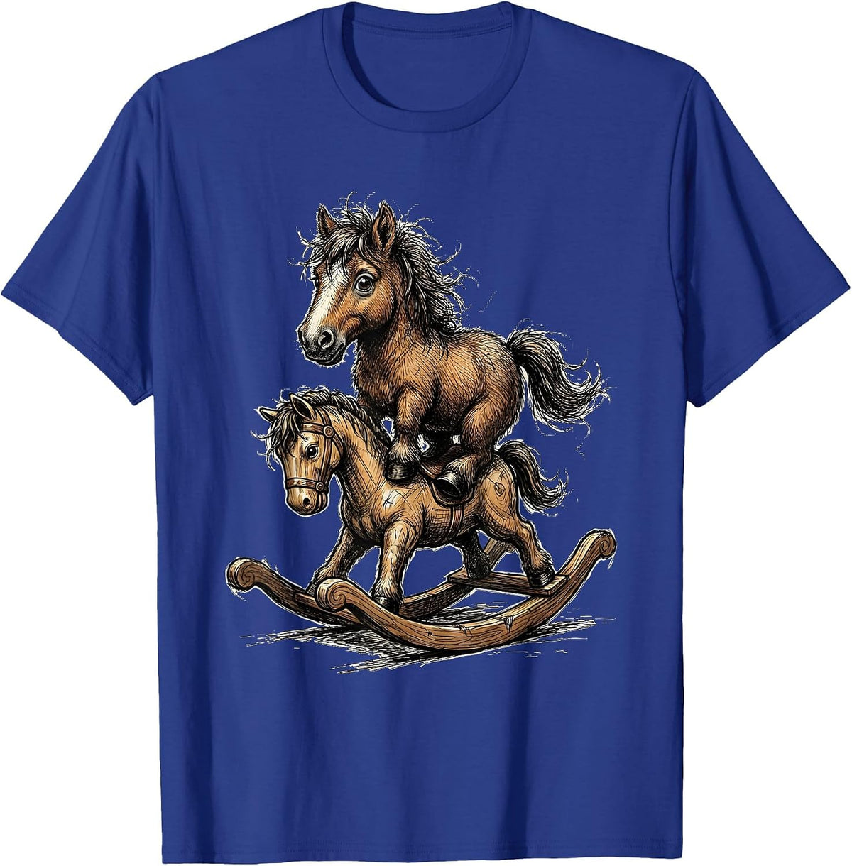 Tiny Horse on a Tiny Rocking Horse Funny Graphic T-Shirt - Royal Blue