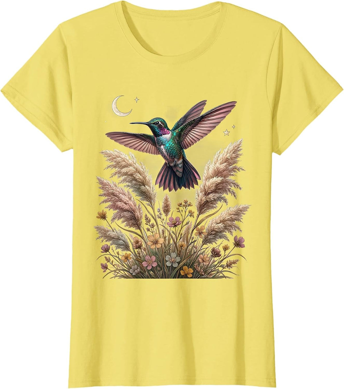 Boho Hummingbird Pampas Grass Summer Design T-Shirt - Lemon Yellow