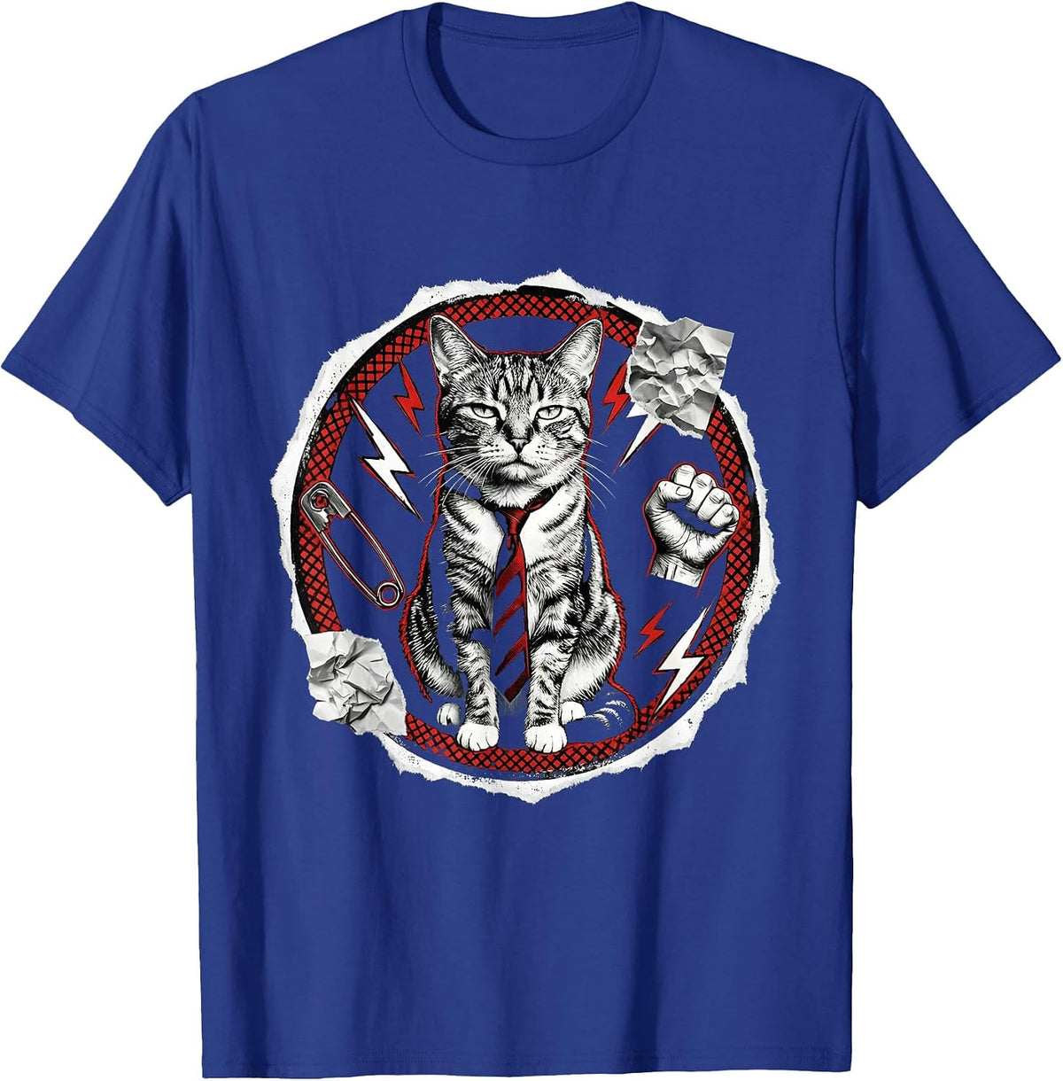 Stoic Cat in Business Tie Ignoring Chaos T-Shirt - Royal Blue