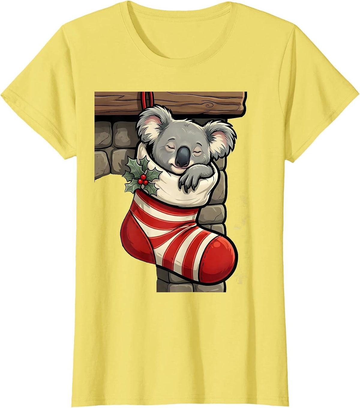 Women's Koala In Christmas Stocking Cartoon Funny Novelty T-Shirt - Lemon Yellow