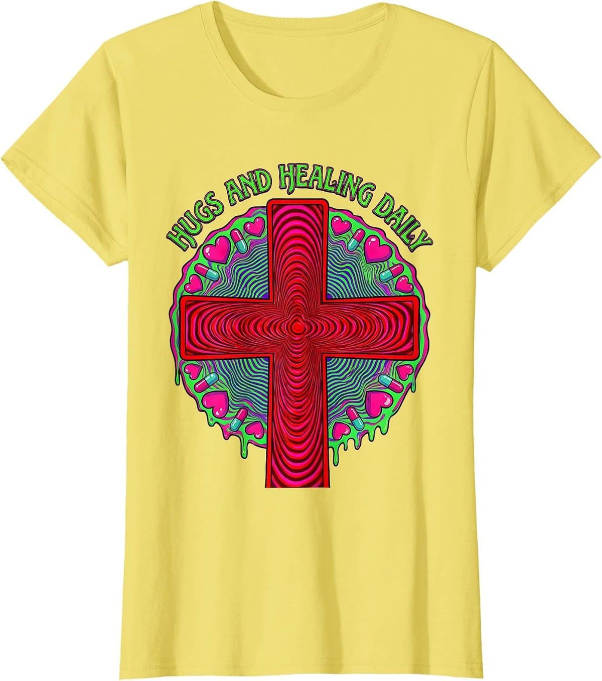 Hugs and Healing Daily School Nurse Design T-Shirt - Lemon Yellow