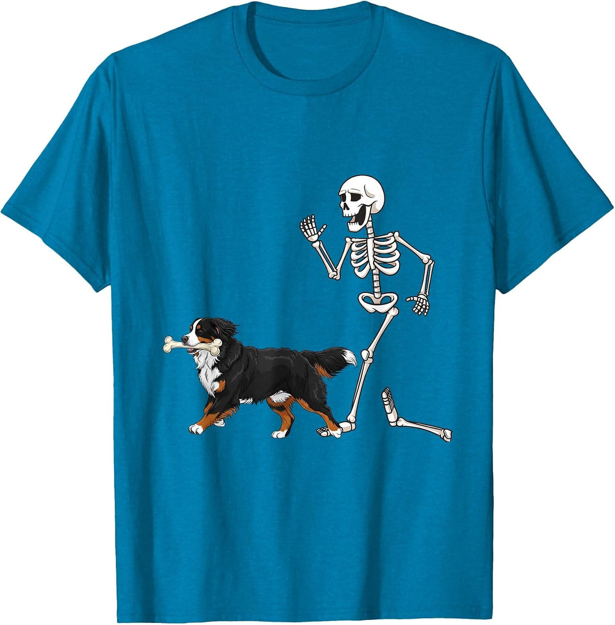 Funny Halloween Bernese Mountain Dog and Skeleton T-Shirt - Sapphire Blue