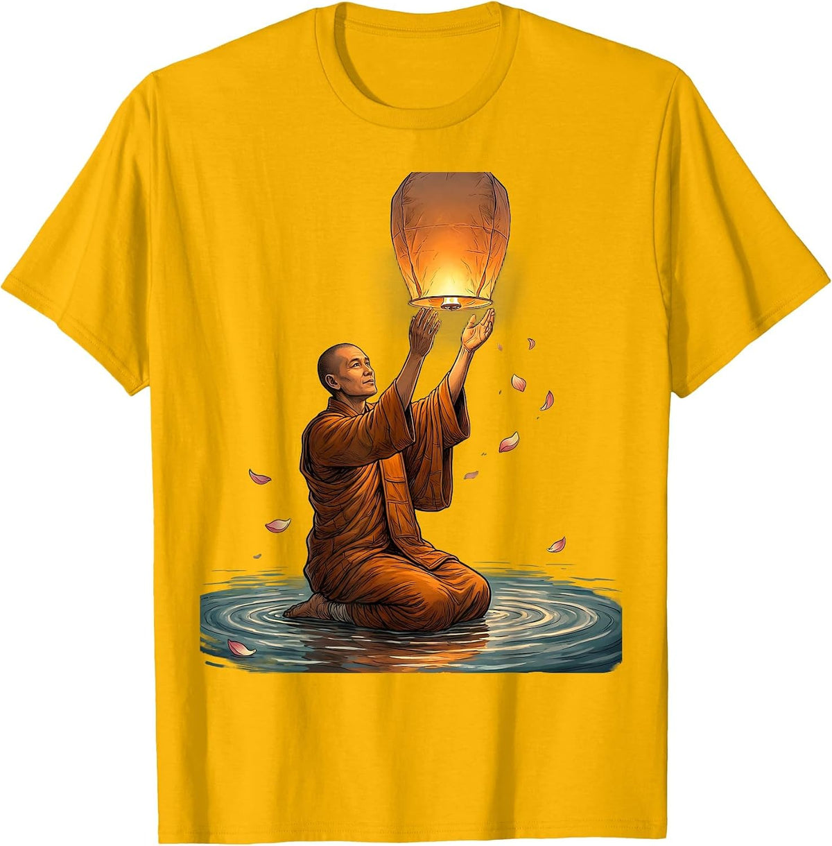Buddhist Monk Floating Lantern Release Graphic T-Shirt - Golden Yellow