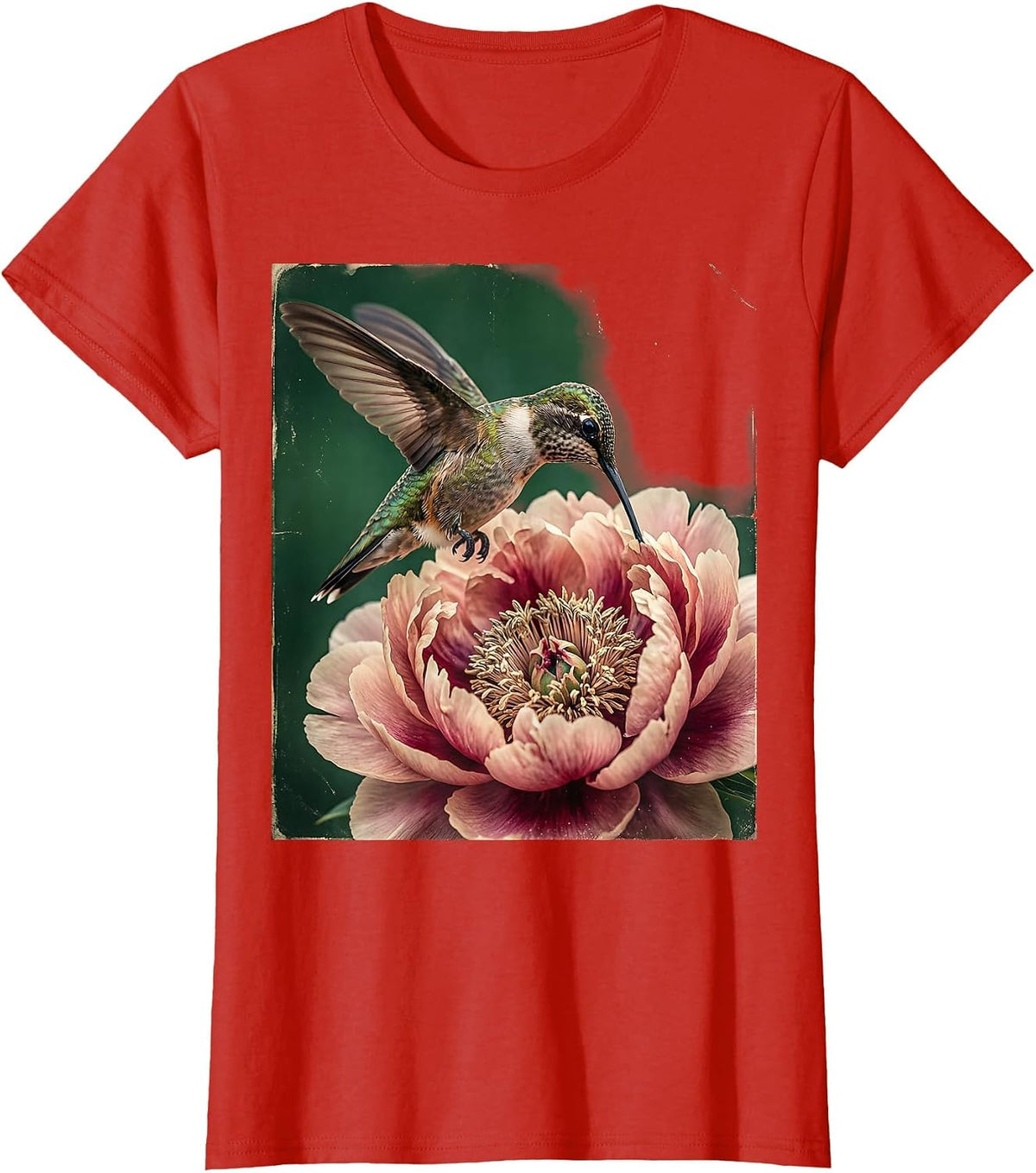 Hummingbird Pink Peony Bloom Floral Art T-Shirt - Red
