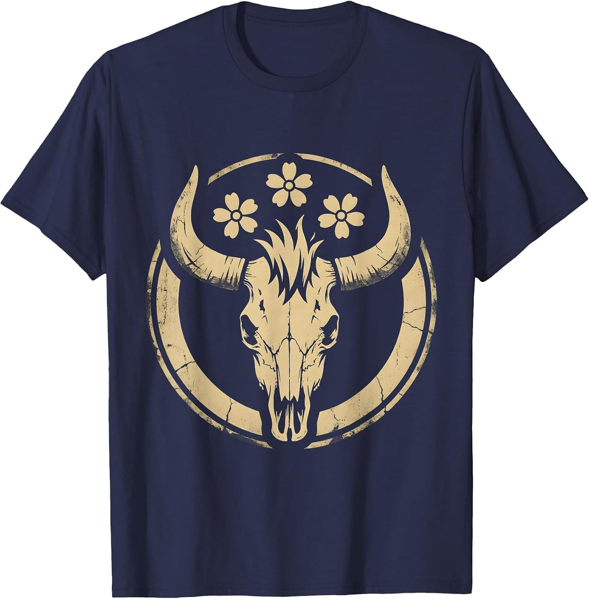 Fierce Cowgirl Face Wild Horse Mane Graphic T-Shirt - Navy Blue