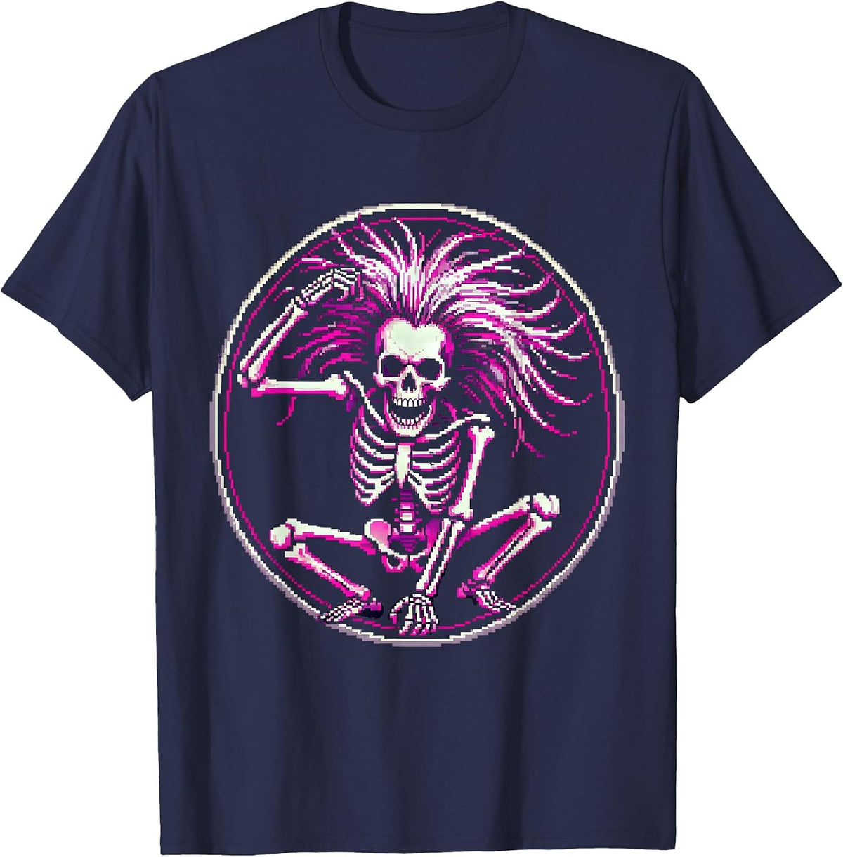 Dancing Skeleton Headbanging Rock Music Graphic T-Shirt - Navy Blue