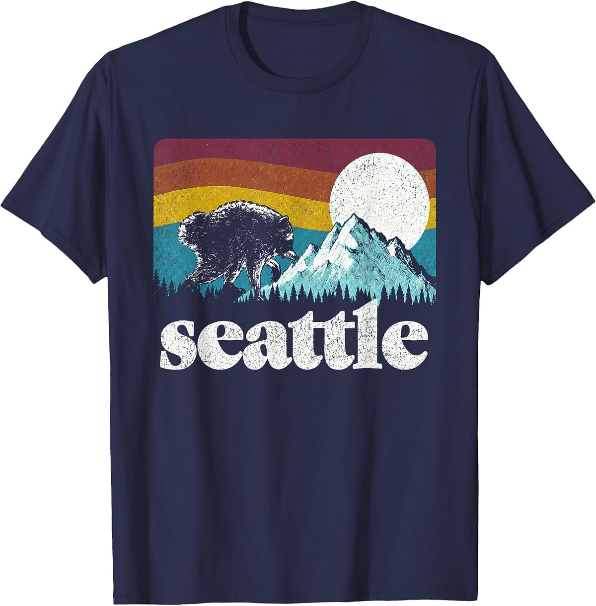 Jimothy Viral Raccoon Seattle Washington Mountains Retro T-Shirt - Navy Blue