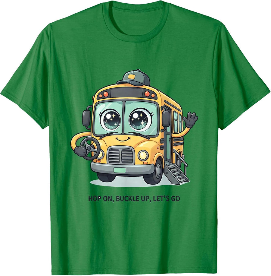 Men's Hop On Buckle Up Let's Go Cute Kawaii School Bus Driver T-Shirt - Kelly Green
