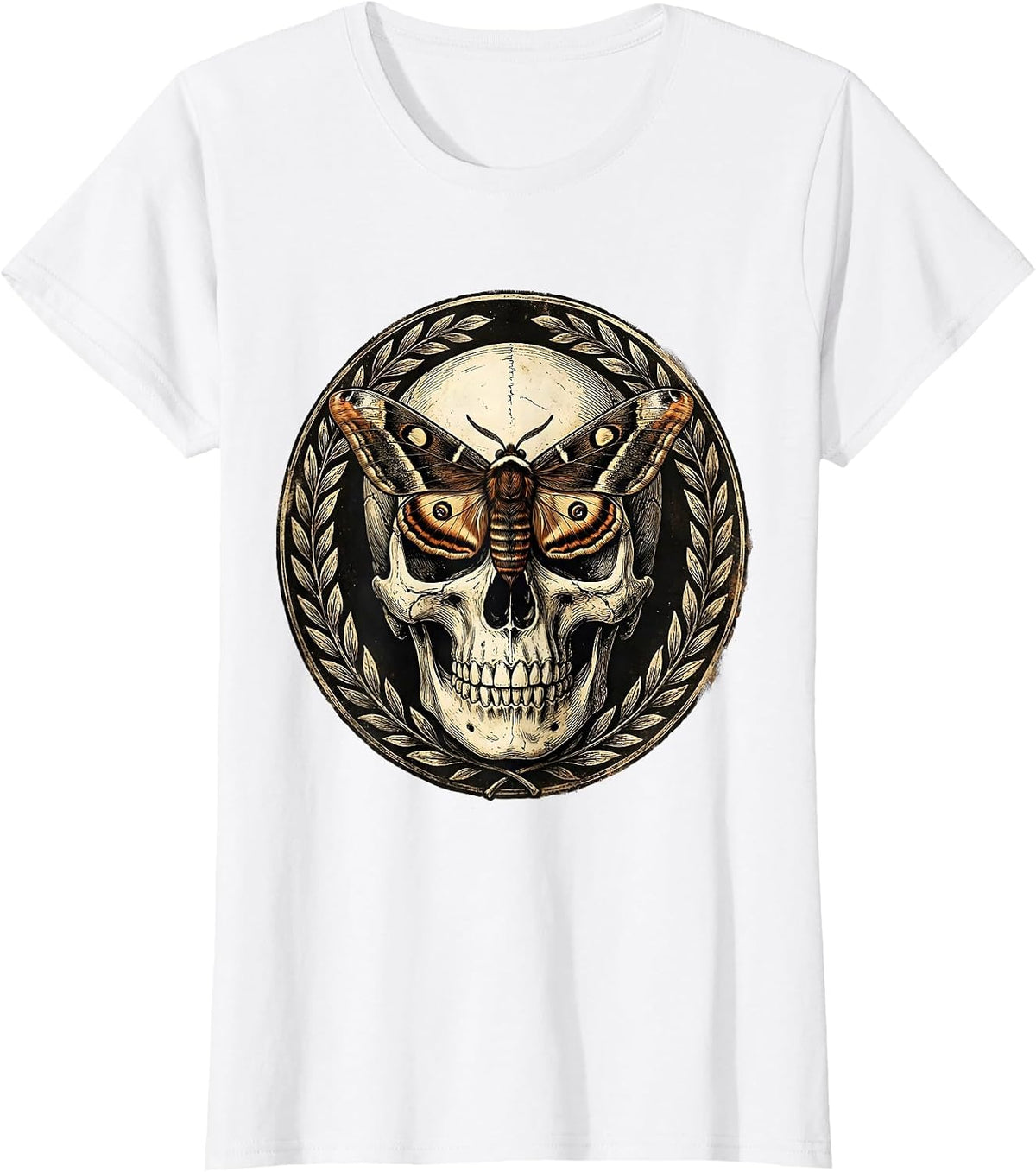 Skull and Moth Gothic Nature Illustration T-Shirt - White