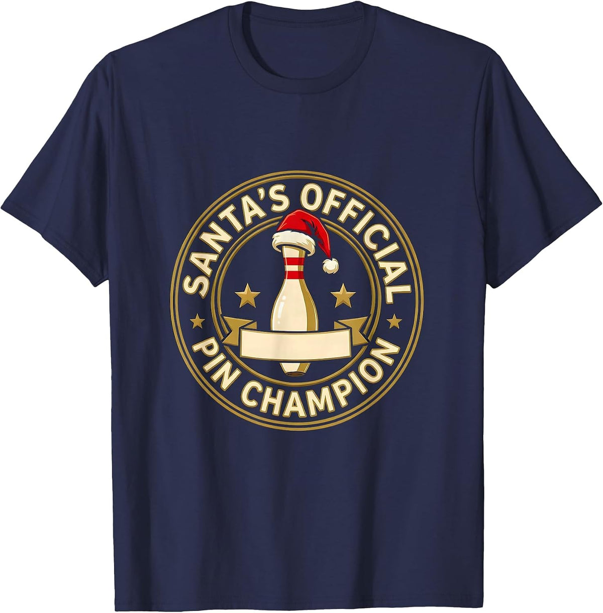 Santa's Official Pin Champion Funny Christmas Bowling Team T-Shirt - Navy Blue